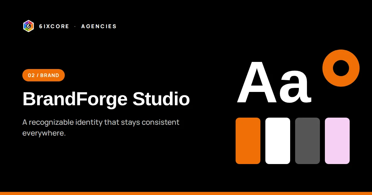 BrandForge Studio: brand identity graphic with type specimen and color swatches